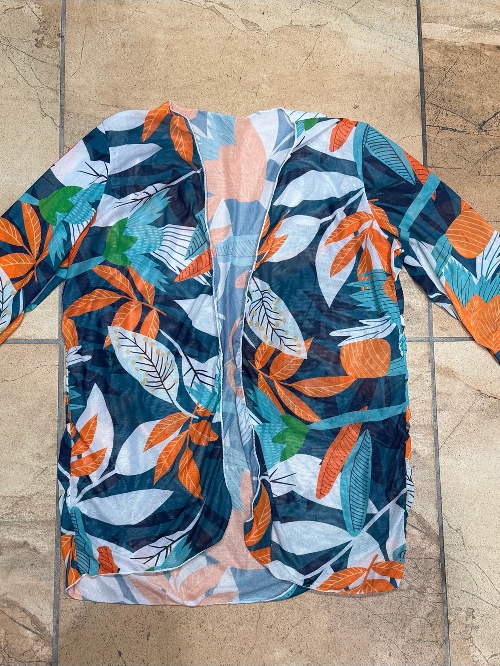 SHEIN Tropical Leaf Open-Front swim coverup in Navy, Orange & Teal